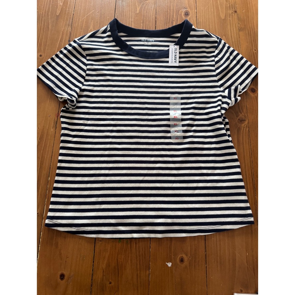 Old Navy Womens Striped Crew Neck T Shirt Top XL Navy White Ribbed Knit Casual
